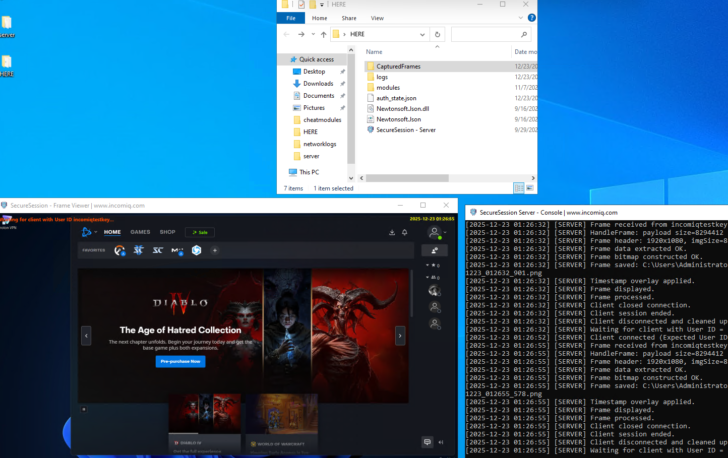 SecureSession encrypted screenshot processing and server verification