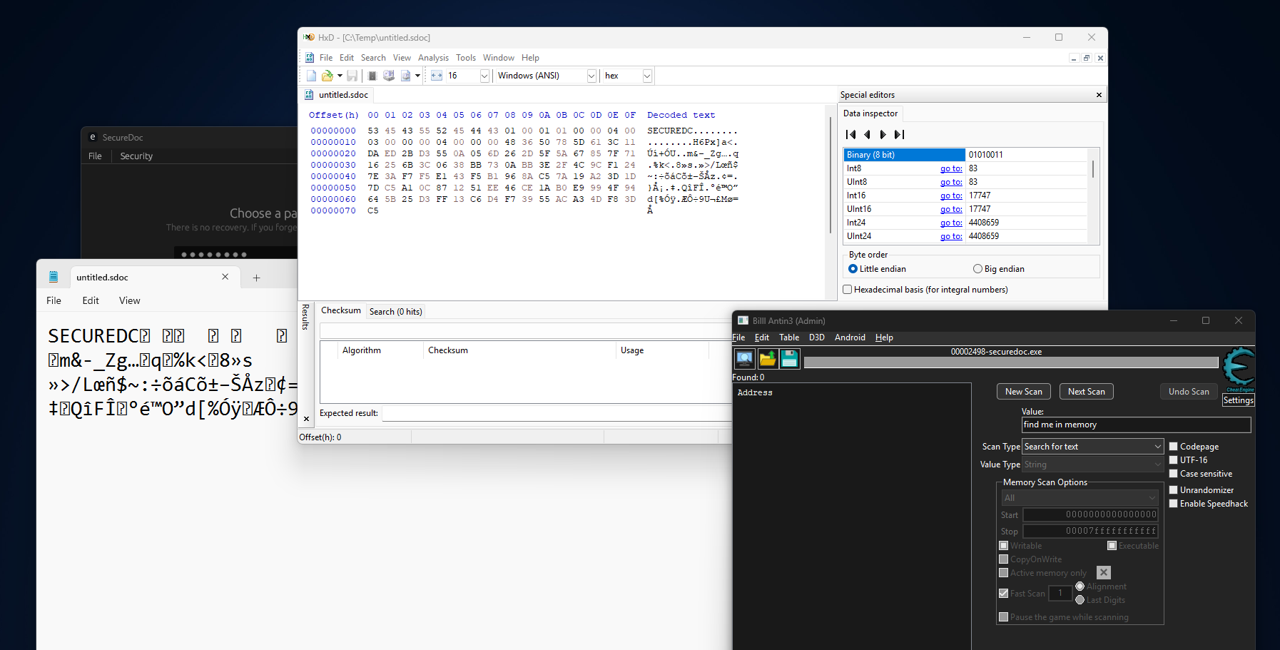 Encrypted SecureDoc file shown in a hex editor