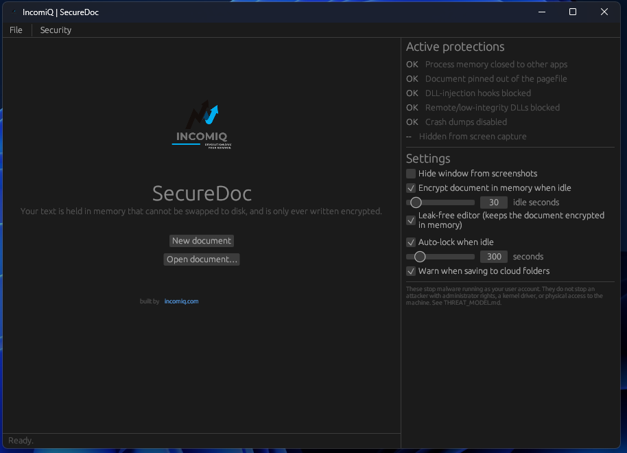 IncomiQ SecureDoc Windows text editor