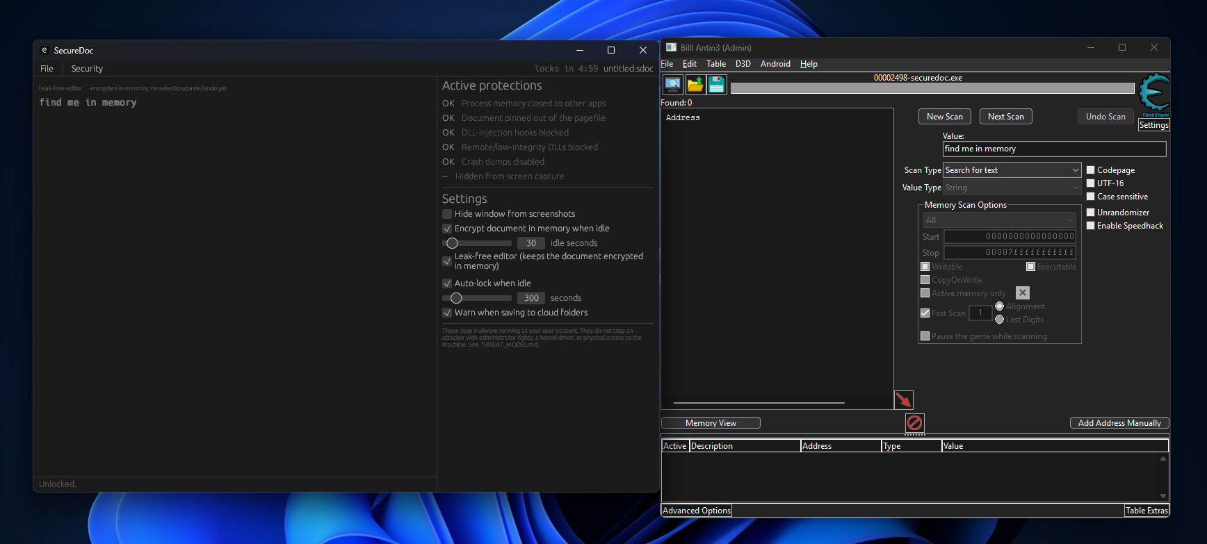 SecureDoc and a memory scanner searching for visible document text