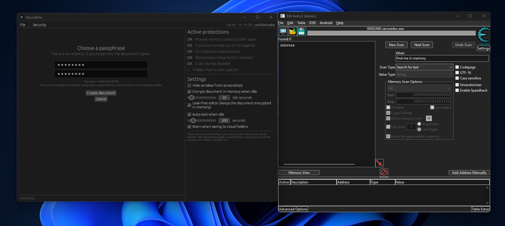 SecureDoc passphrase screen showing weak password feedback